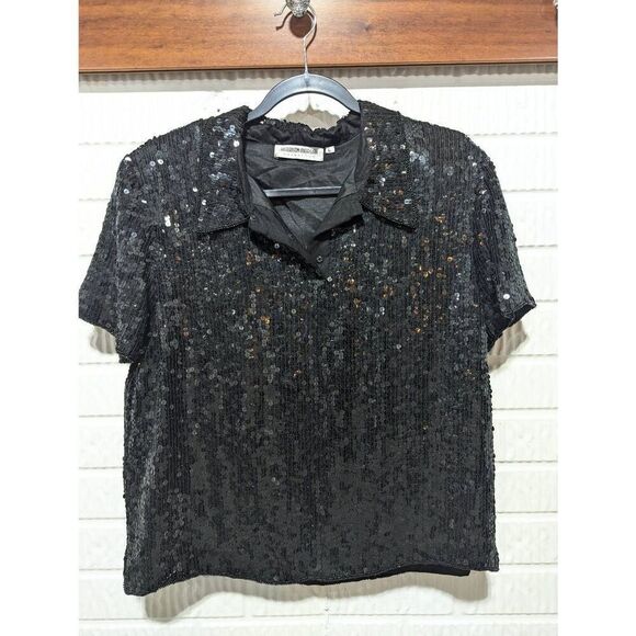 Harrison Morgan Manhattan Women's Black Silk Sequin Embellished Short Sleeve Top - Picture 1 of 8